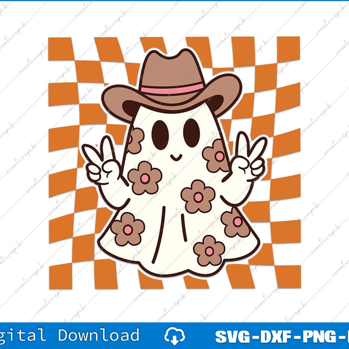 Ghost character with a cowboy hat and flowers on a checkered background, digital download options shown.