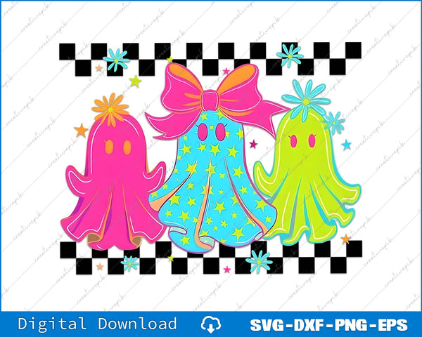 Colorful ghost illustrations with decorative elements on a checkered border, suitable for digital download.