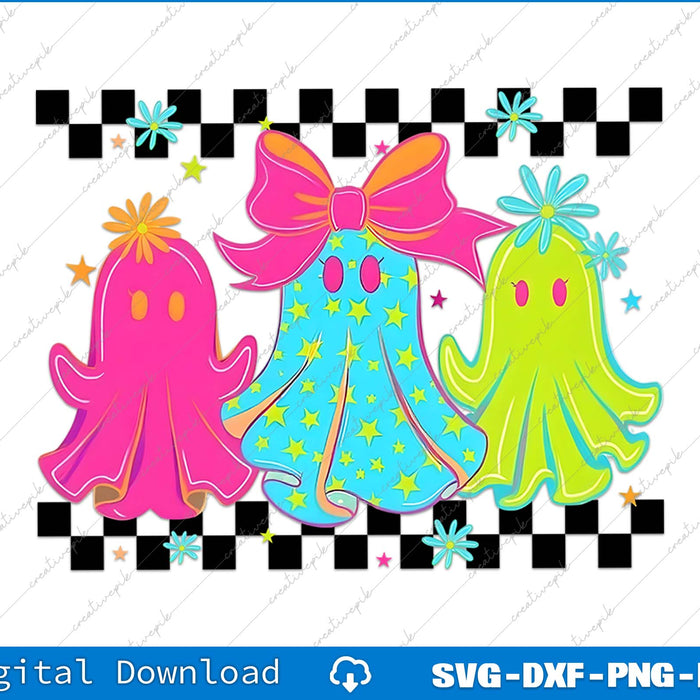 Colorful ghost illustrations with decorative elements on a checkered border, suitable for digital download.