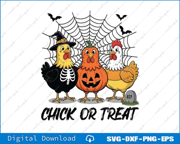 Halloween-themed illustration of chickens with text 'Chick or Treat' on a spiderweb background.