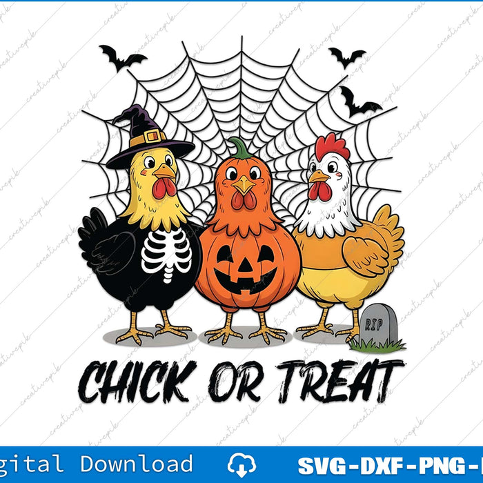 Halloween-themed illustration of chickens with text 'Chick or Treat' on a spiderweb background.