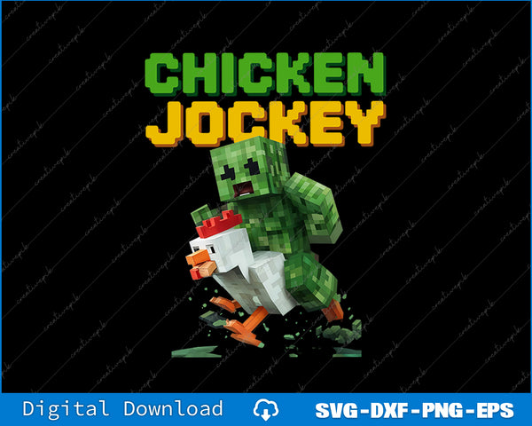 Pixelated character of a green creature riding a chicken with 'Chicken Jockey' text on a black background.