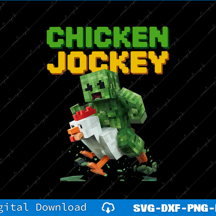Pixelated character of a green creature riding a chicken with 'Chicken Jockey' text on a black background.