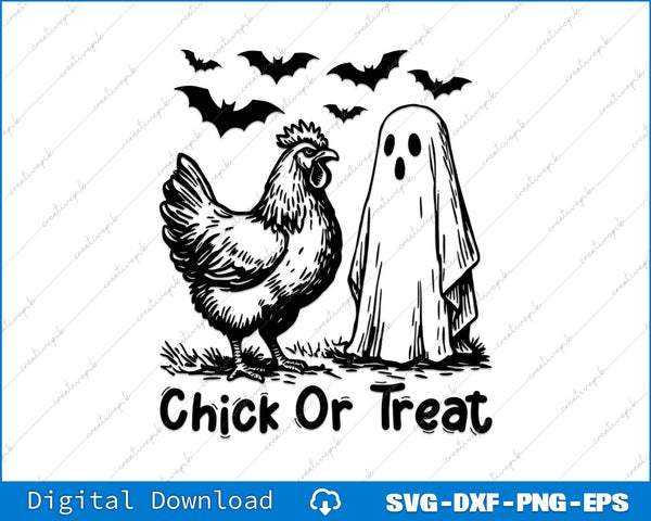 Halloween-themed design with a chicken and ghost labeled 'Chick Or Treat' on a white background.