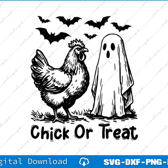 Halloween-themed design with a chicken and ghost labeled 'Chick Or Treat' on a white background.