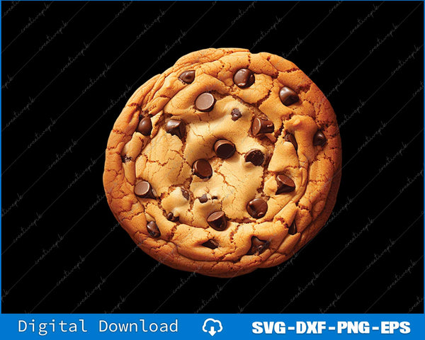 Chocolate chip cookie on a black background with digital download text at the bottom.