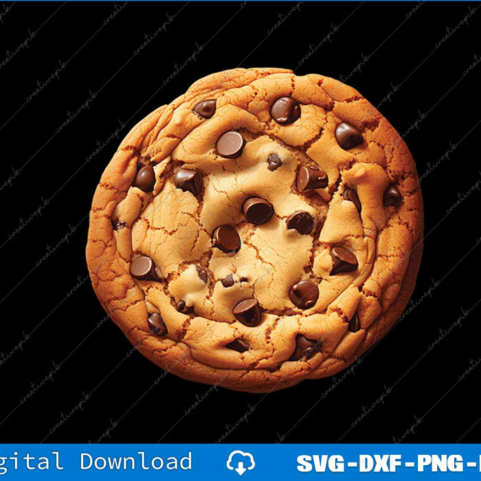 Chocolate chip cookie on a black background with digital download text at the bottom.