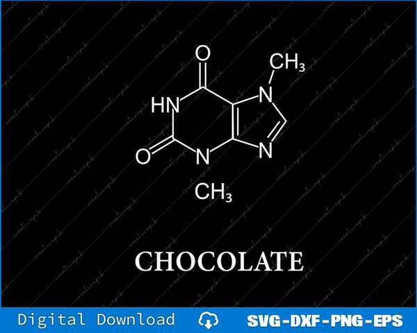 Molecular structure of caffeine with 'CHOCOLATE' text on a black background