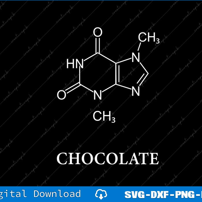 Molecular structure of caffeine with 'CHOCOLATE' text on a black background