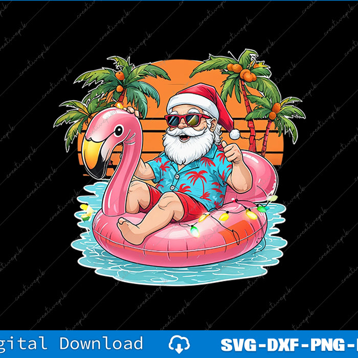 Santa Claus lounging on a pink flamingo float with palm trees and an orange sky in the background.