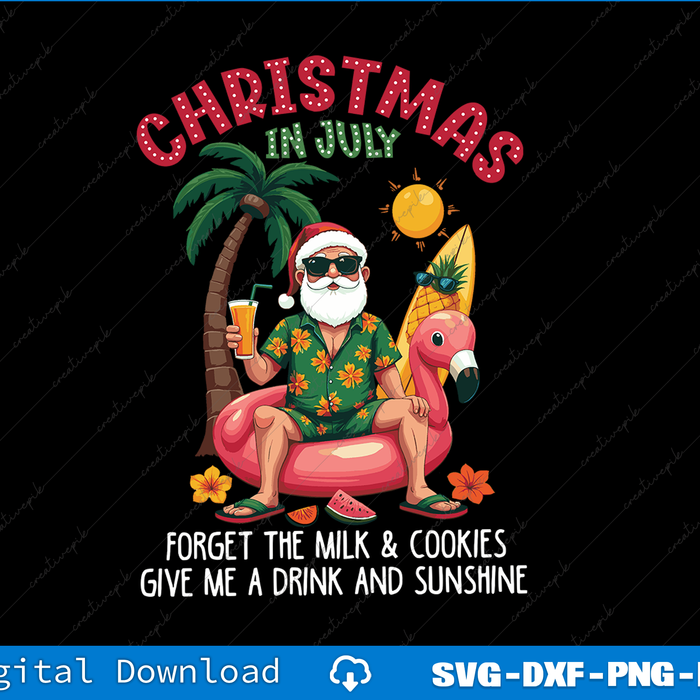 Santa Claus in a tropical setting with palm trees and a flamingo, celebrating 'Christmas in July'.