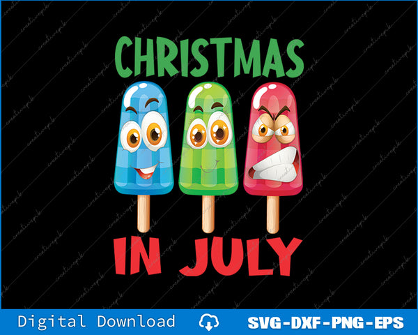 Three cartoon popsicles with expressions and 'Christmas in July' text on a black background.