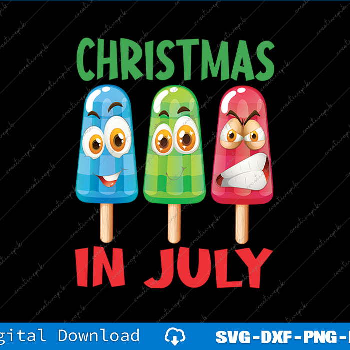 Three cartoon popsicles with expressions and 'Christmas in July' text on a black background.