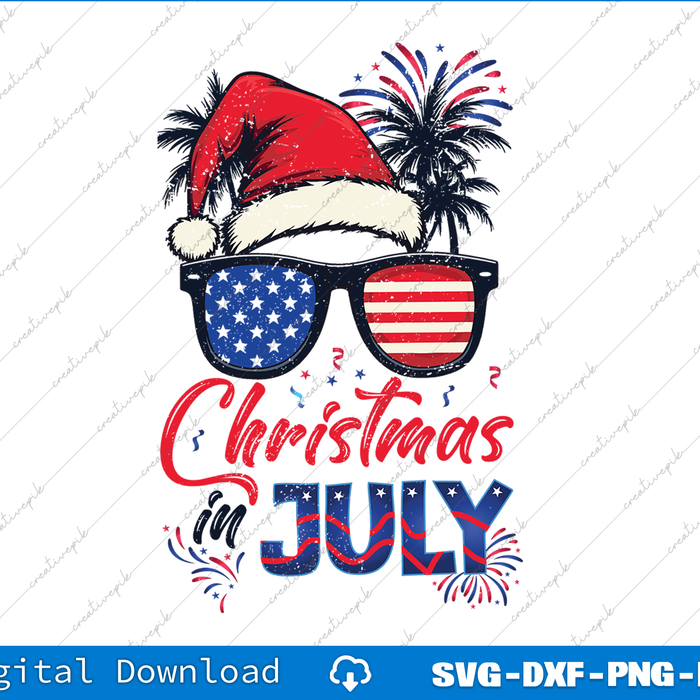 Design with 'Christmas in July' text, sunglasses, Santa hat, and fireworks on a white background.