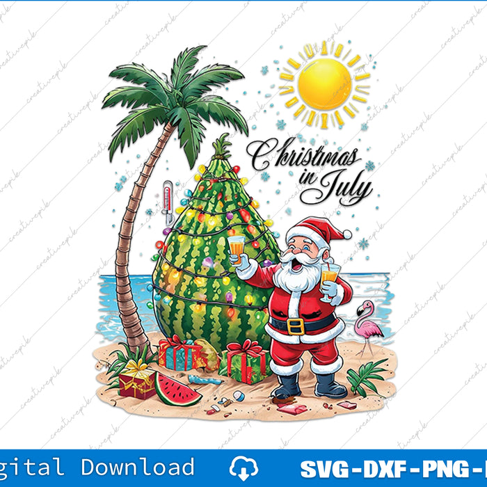 Illustration of Santa Claus on a tropical beach with a Christmas tree, palm tree, and sun, featuring 'Christmas in July' text.