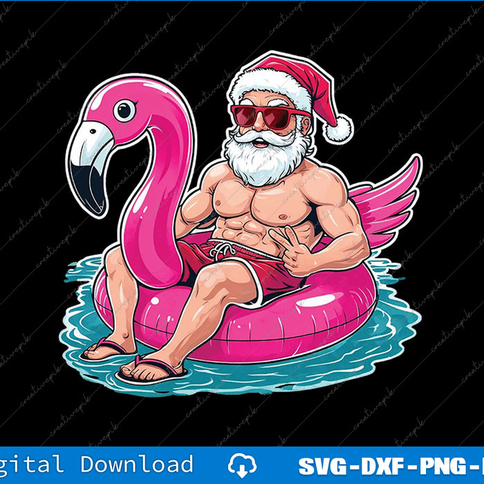 Illustration of a muscular man in a Santa hat and sunglasses sitting on a pink flamingo pool float.
