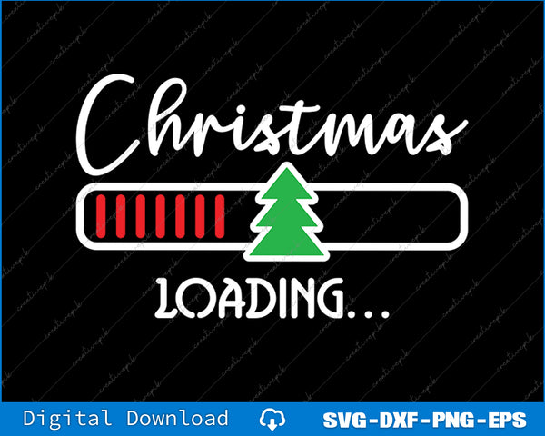 Christmas loading graphic with a green tree and text on a black background