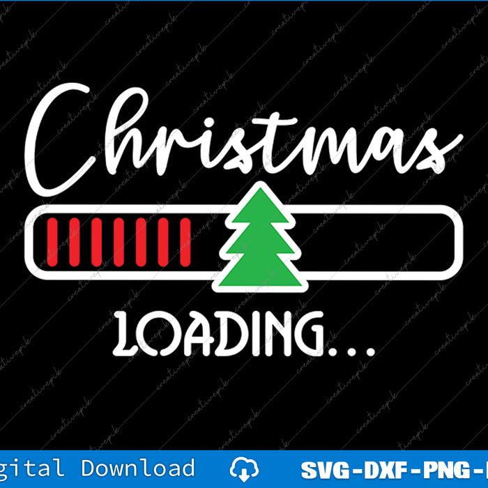 Christmas loading graphic with a green tree and text on a black background