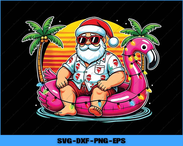 Illustration of a tropical Santa Claus sitting on a pink flamingo pool float with palm trees and a sunset in the background.