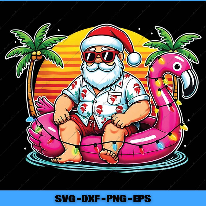 Illustration of a tropical Santa Claus sitting on a pink flamingo pool float with palm trees and a sunset in the background.