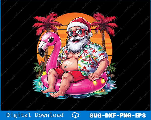 Sunny beach scene with Santa Claus on a pink flamingo float, palm trees, and a sunset.
