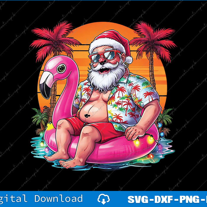 Sunny beach scene with Santa Claus on a pink flamingo float, palm trees, and a sunset.