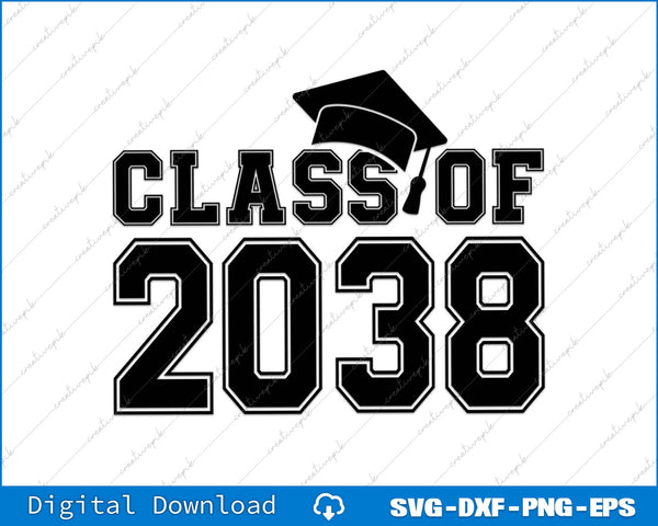 Graduation-themed design with 'Class of 2038' text and a graduation cap on a white background.