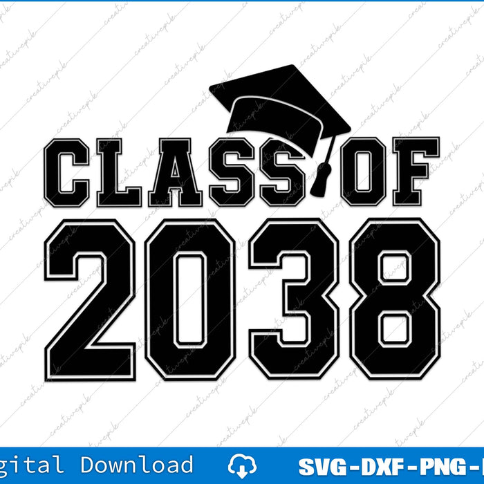 Graduation-themed design with 'Class of 2038' text and a graduation cap on a white background.