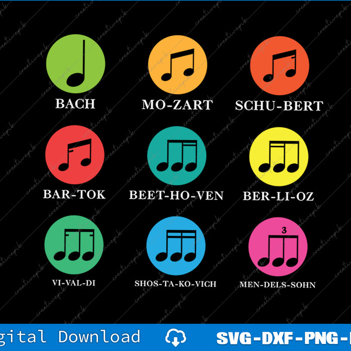 Colorful musical note icons with composers' names on a black background