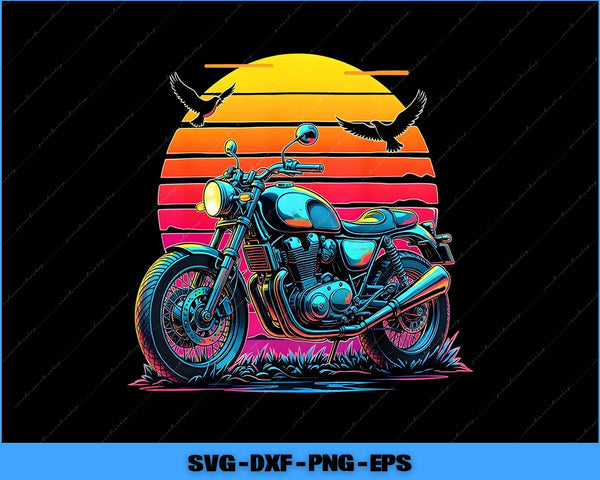 Motorcycle design with a colorful sunset background and birds, featuring SVG file formats.