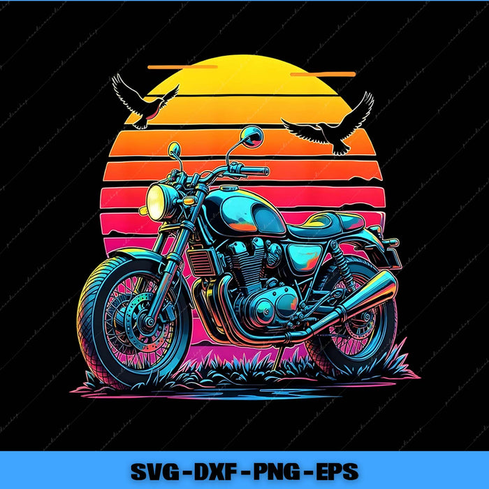 Motorcycle design with a colorful sunset background and birds, featuring SVG file formats.