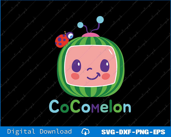 Cocomelon logo with a watermelon character and ladybug on a black background