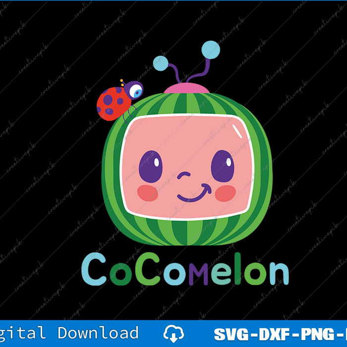 Cocomelon logo with a watermelon character and ladybug on a black background