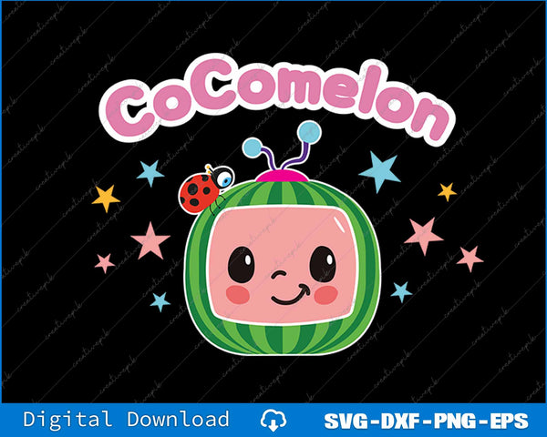 Cocomelon character with colorful stars on a black background
