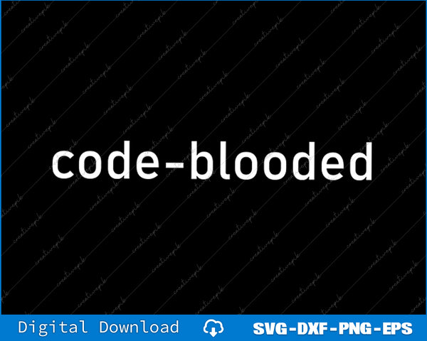 Text 'code-blooded' on a black background with digital download options at the bottom.