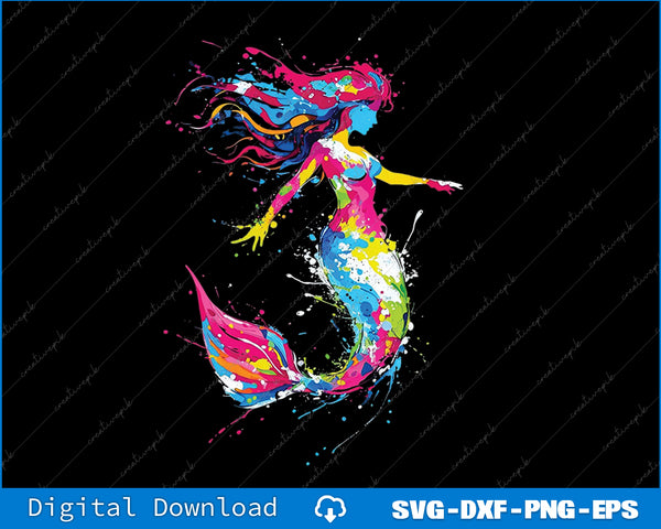 Colorful mermaid design on a black background with digital download options.