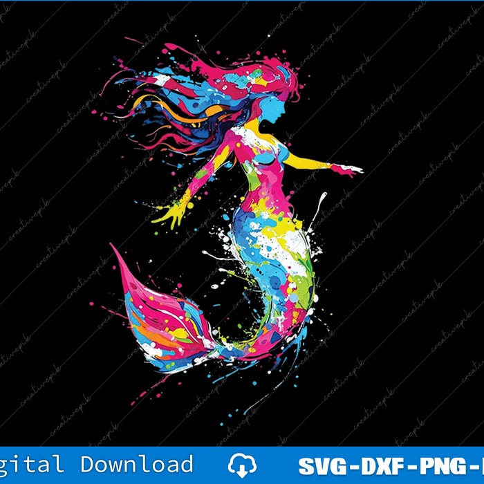 Colorful mermaid design on a black background with digital download options.