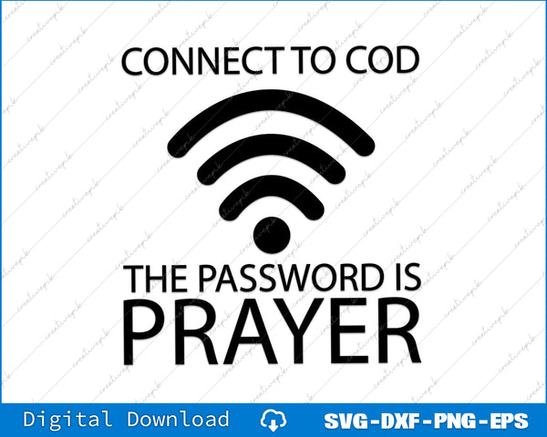 Design with text 'Connect to COD, The password is Prayer' and wireless signal icon on a white background.