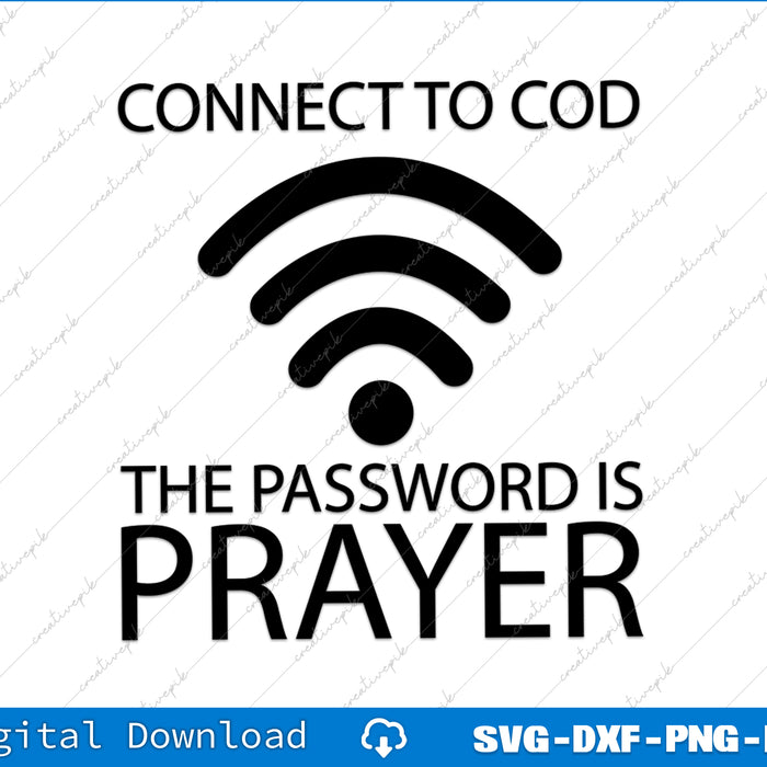 Design with text 'Connect to COD, The password is Prayer' and wireless signal icon on a white background.