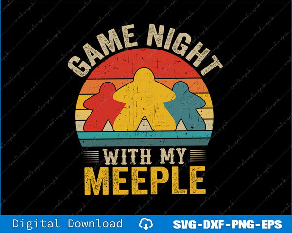 Vintage-style graphic with text 'Game Night with my Meeple' featuring colorful meeple figures on a black background.