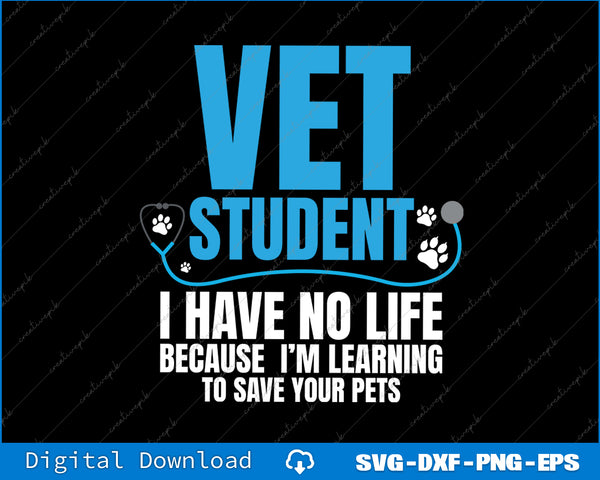 Design with 'Vet Student' text and paw prints on a black background