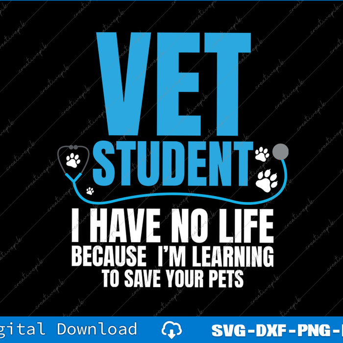 Design with 'Vet Student' text and paw prints on a black background