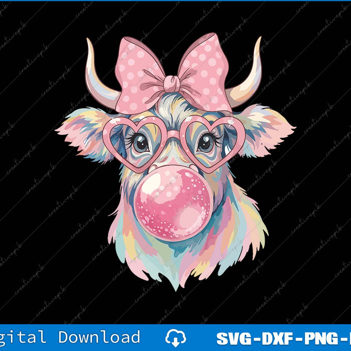Coquette Highland Cow Bubblegum SVG PNG Cutting Printable File