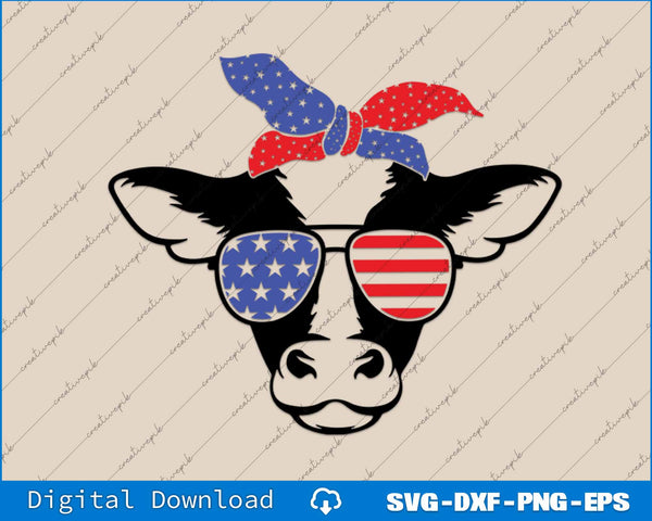 Cow Face with Bandana Red White and Blue 4th of July SVG PNG Printable Files
