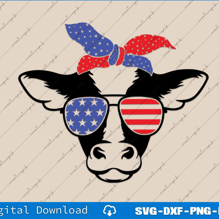 Cow Face with Bandana Red White and Blue 4th of July SVG PNG Printable Files