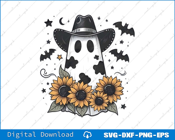 Halloween-themed design with ghost, sunflowers, and bats on a white background