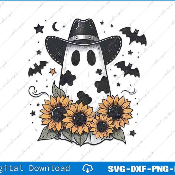Halloween-themed design with ghost, sunflowers, and bats on a white background