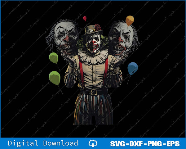 Illustration of a clown with three different face expressions holding colorful balloons on a black background.