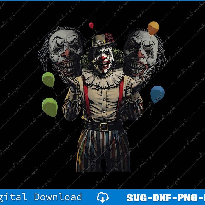 Illustration of a clown with three different face expressions holding colorful balloons on a black background.