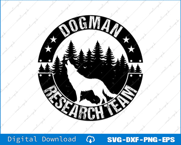 Circular logo with a wolf howling at the moon, surrounded by trees, and the text 'Dogman Research Team' on a white background.